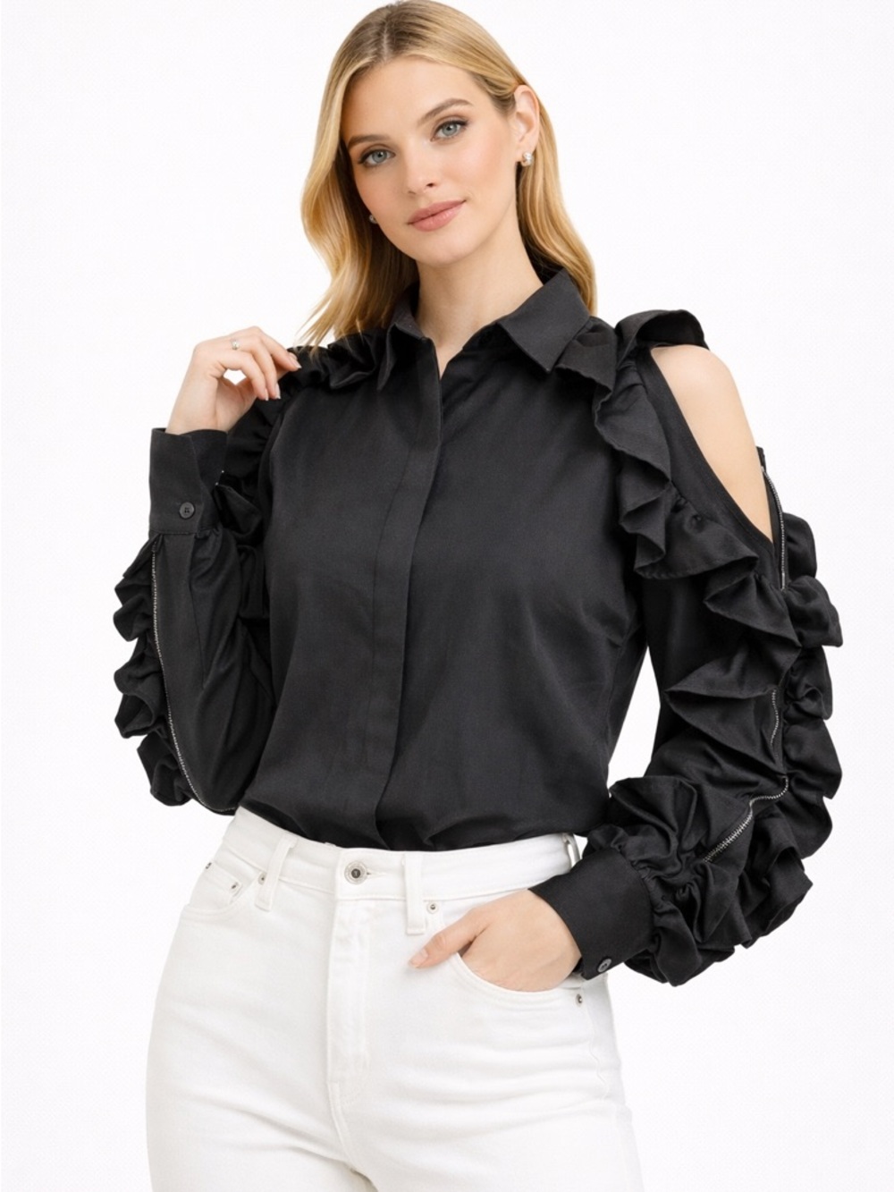 Dramatic Black Zip Ruffle Sleeve Top - Picture 4 of 12